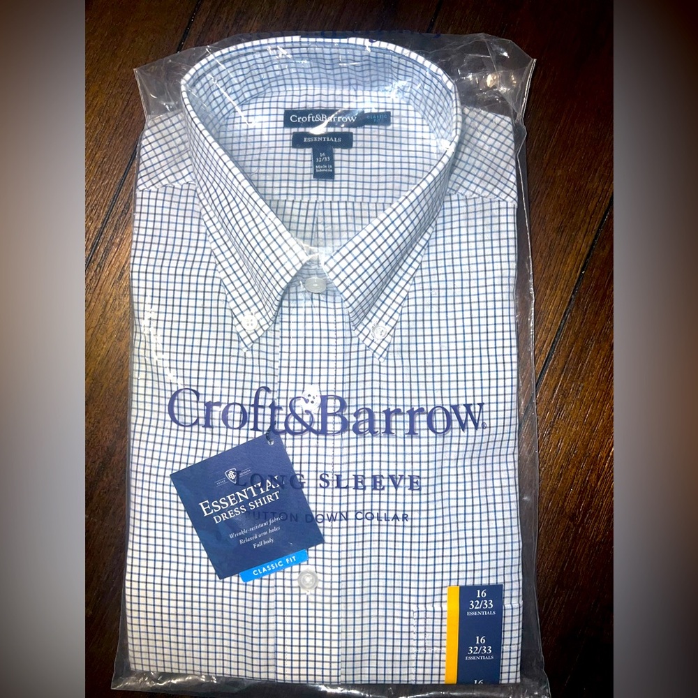 Croft & Barrow Men's White and Blue Grid Dress Shirt 16 32/33